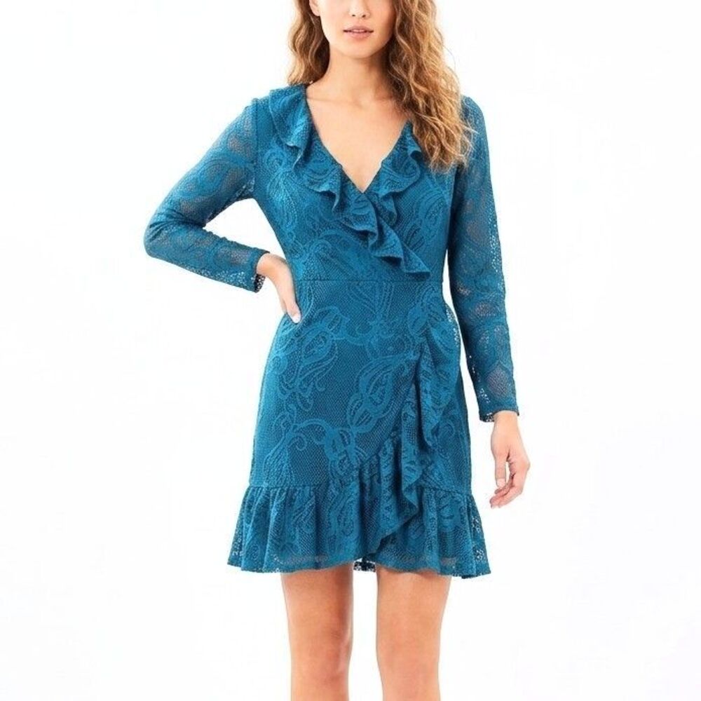 LILLY PULITZER Romper Tiki Wrap Ruffle Teal Inky Tidal Lace Women Large NEW NWT